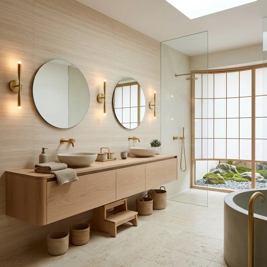 Bathroom - features Smooth Abaca wallpaper in Natural Beige by York Wallcoverings, creating a serene and elegant space.