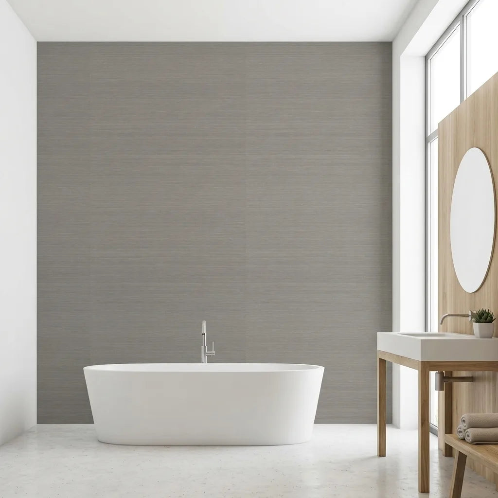 Bathroom - Serene space showcasing Smooth Abaca wallpaper in Greige by York Wallcoverings, adding natural texture to this elegant design.