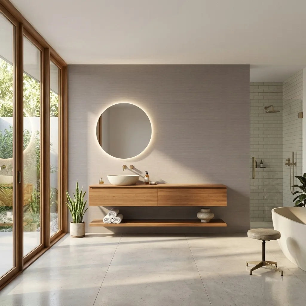 Bathroom - Elegant space with York Wallcoverings' Smooth Abaca wallpaper in Mauve Taupe, offering refined texture.