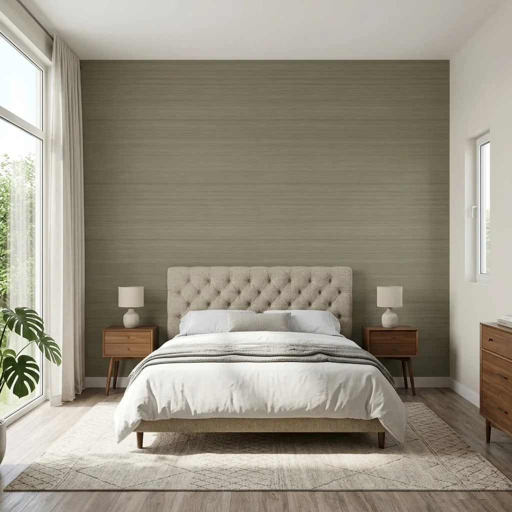 Bedroom - Modern bedroom with Smooth Abaca Olive Green textured wallpaper by York Wallcoverings creating a serene natural space.
