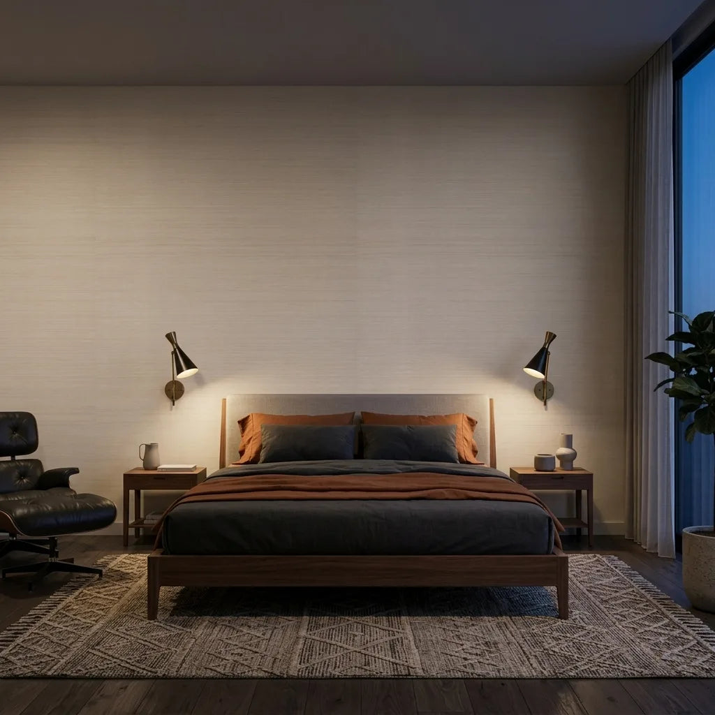 Bedroom - Features Smooth Abaca wallpaper in Light Beige by York Wallcoverings, creating a serene and stylish space.