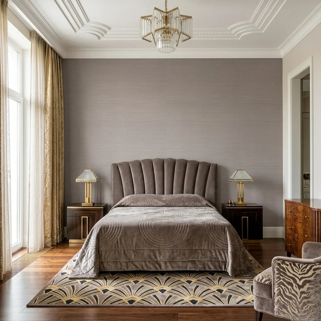 Bedroom - Smooth Abaca Mauve Taupe wallpaper by York Wallcoverings brings serene elegance and natural texture to this space.