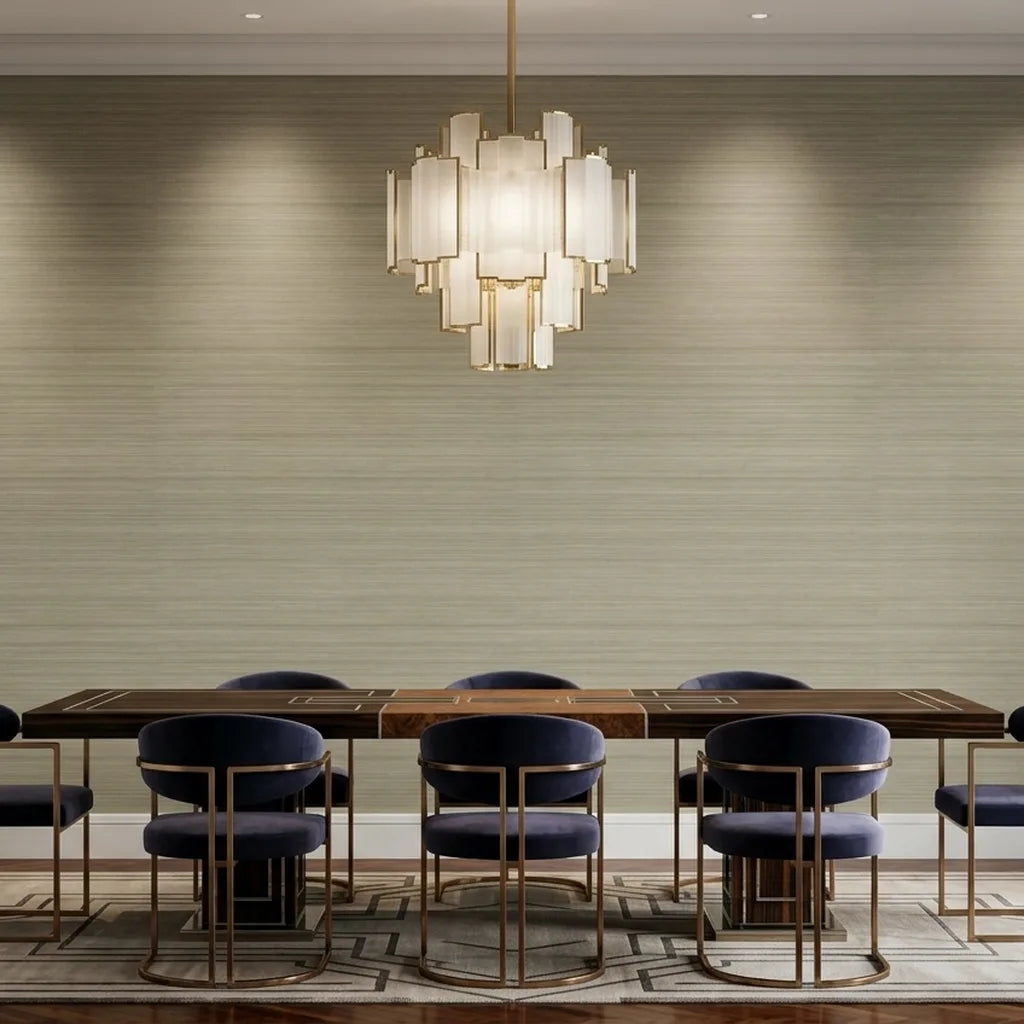 Dining Room - Stylish dining area showcasing York Wallcoverings' Smooth Abaca wallpaper in Olive Green, adding natural texture & modern elegance.