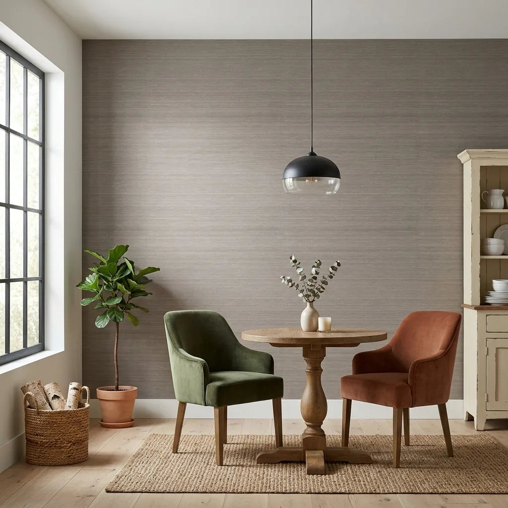 Dining Room - Smooth Abaca Light Taupe wallpaper by York Wallcoverings adds natural texture and sophisticated warmth to this elegant space.