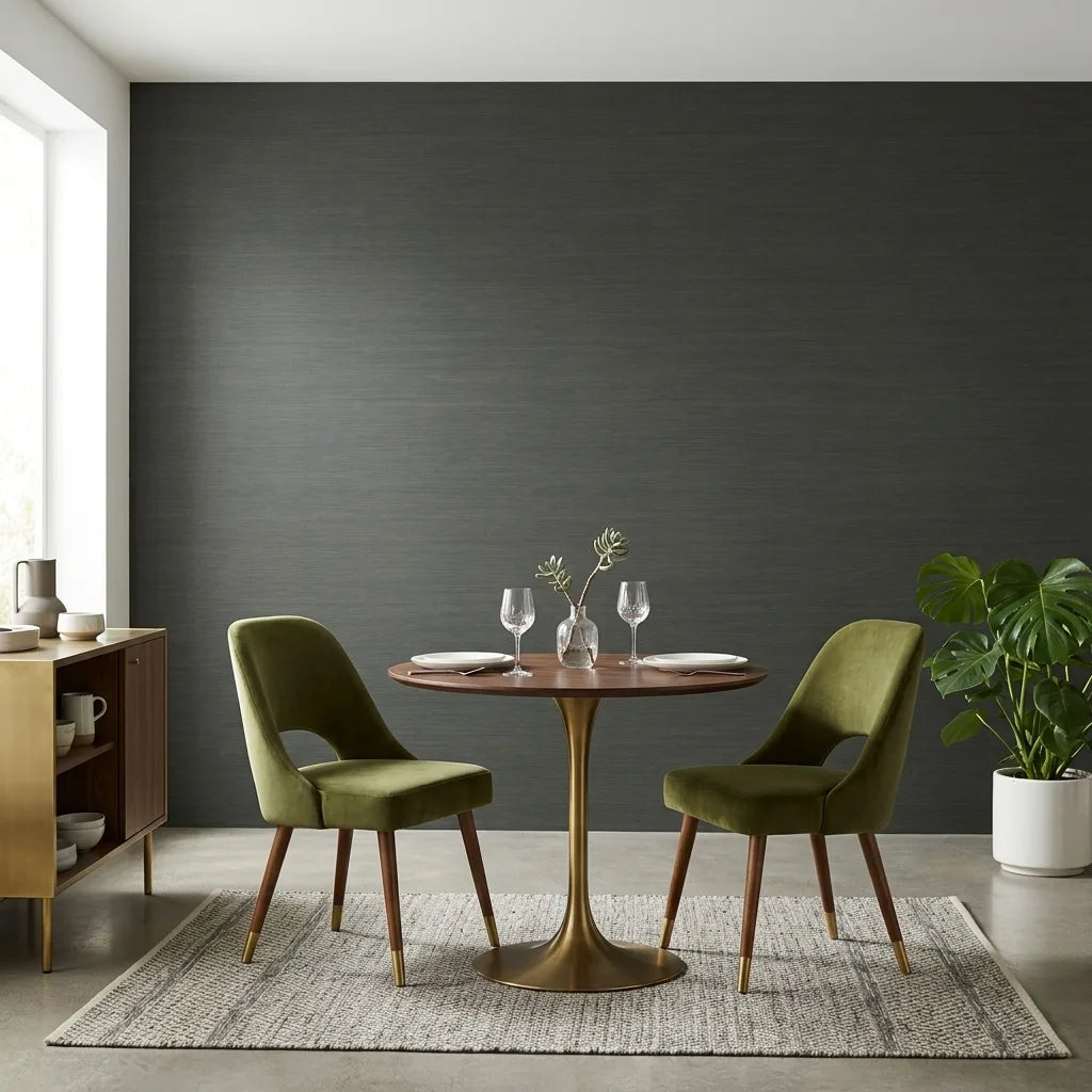 Dining Room - Dark green Smooth Abaca wallpaper by York Wallcoverings creates a luxurious, textured accent.