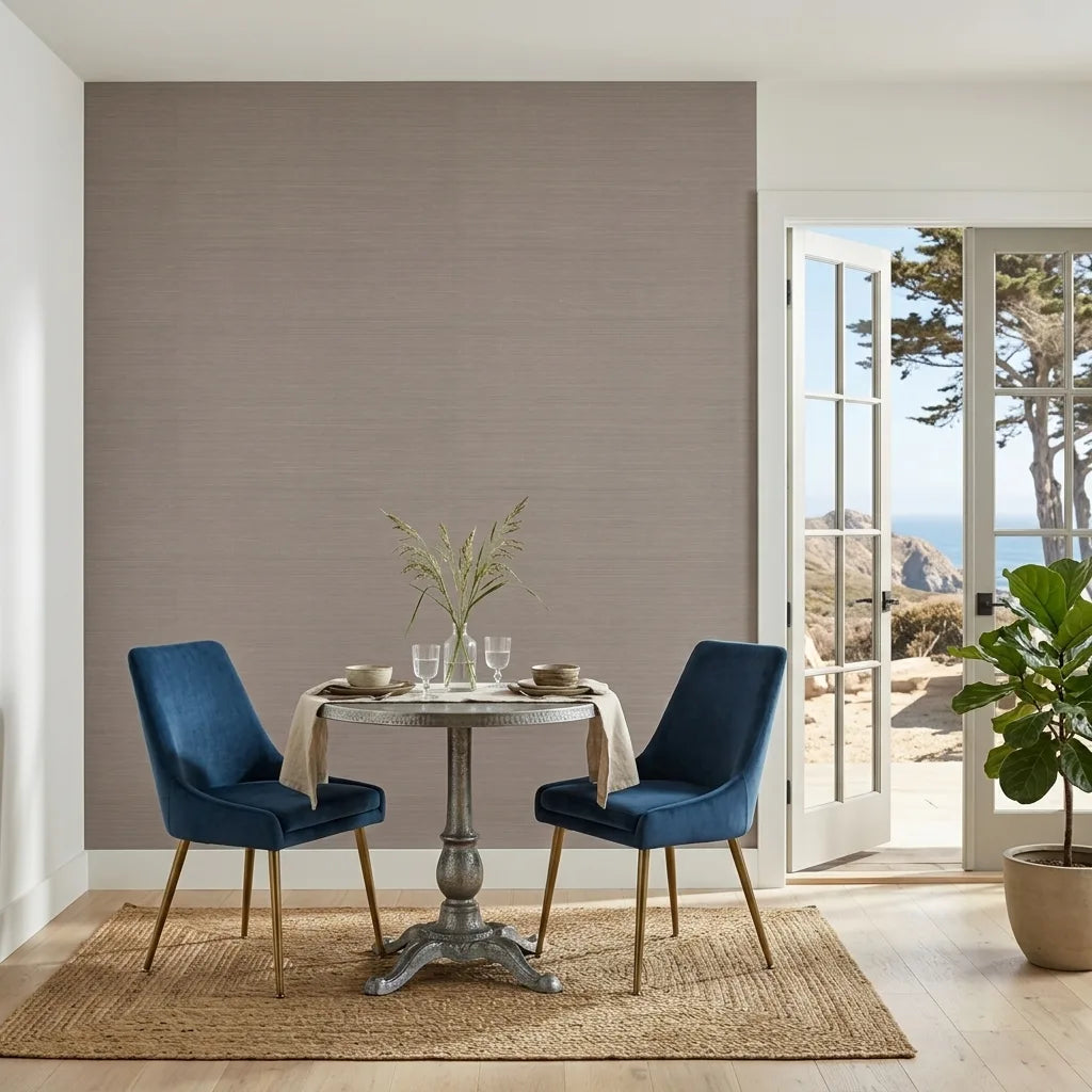 Dining Room - Elegant dining room featuring York Wallcoverings' Smooth Abaca wallpaper in a sophisticated Mauve Taupe.