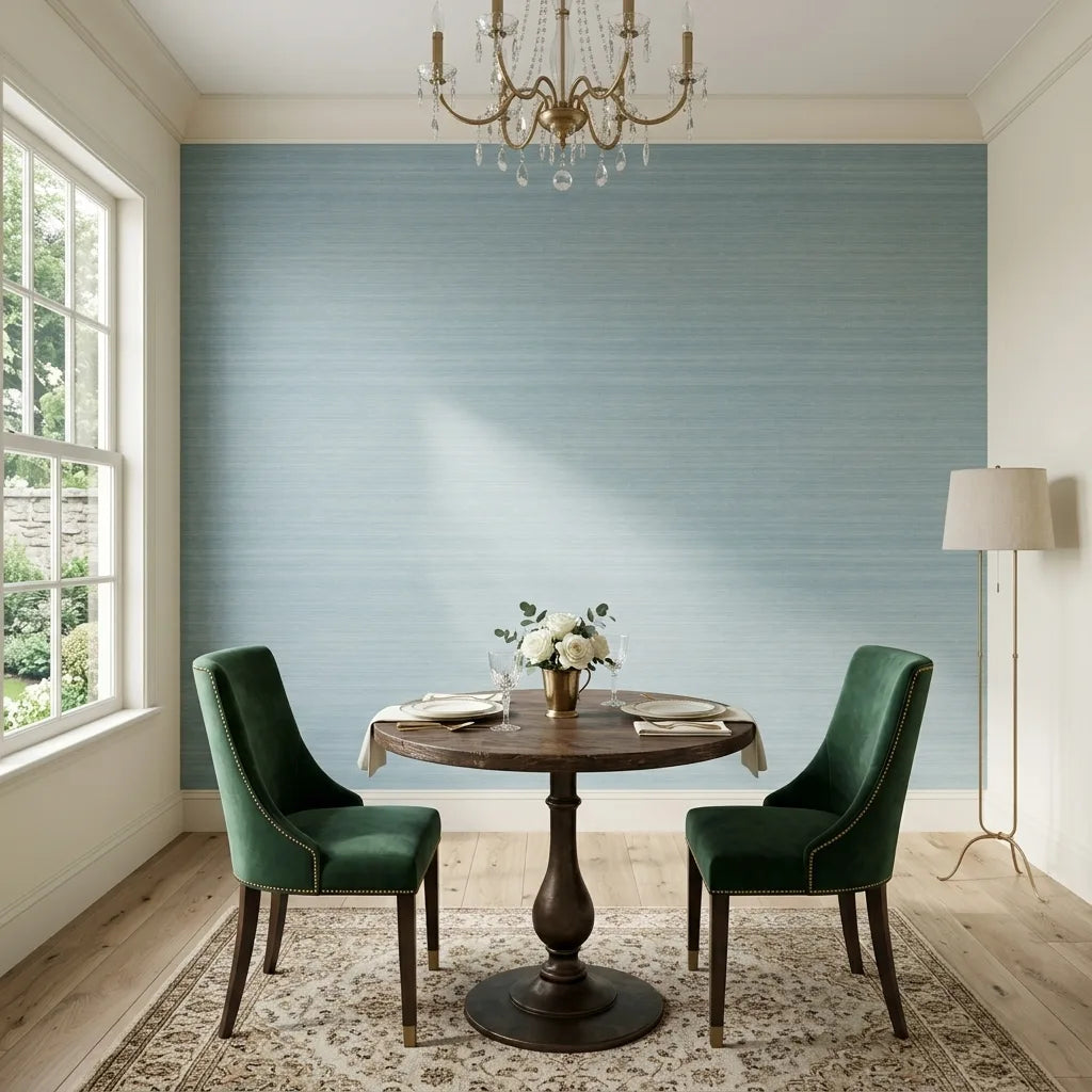 Dining Room - Elegant space with Smooth Abaca wallpaper in Light Teal by York Wallcoverings.