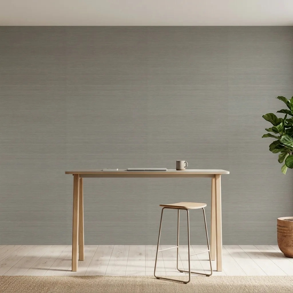 Home Office - Elegant space showcasing York Wallcoverings' Greige 'Smooth Abaca' wallpaper, adding texture and warmth.