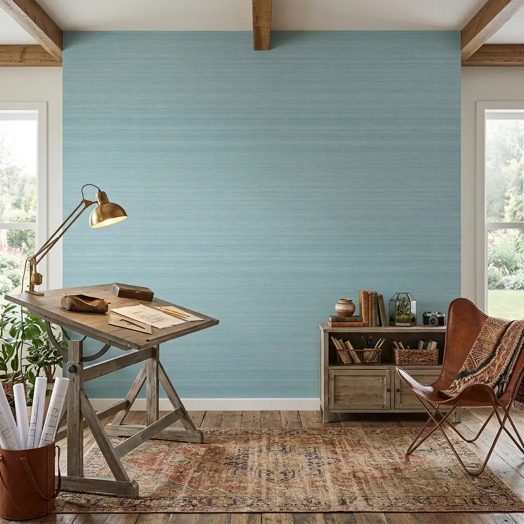 Home Office - Smooth Abaca wallpaper in Light Teal by York Wallcoverings creates a serene, stylish workspace for productivity.