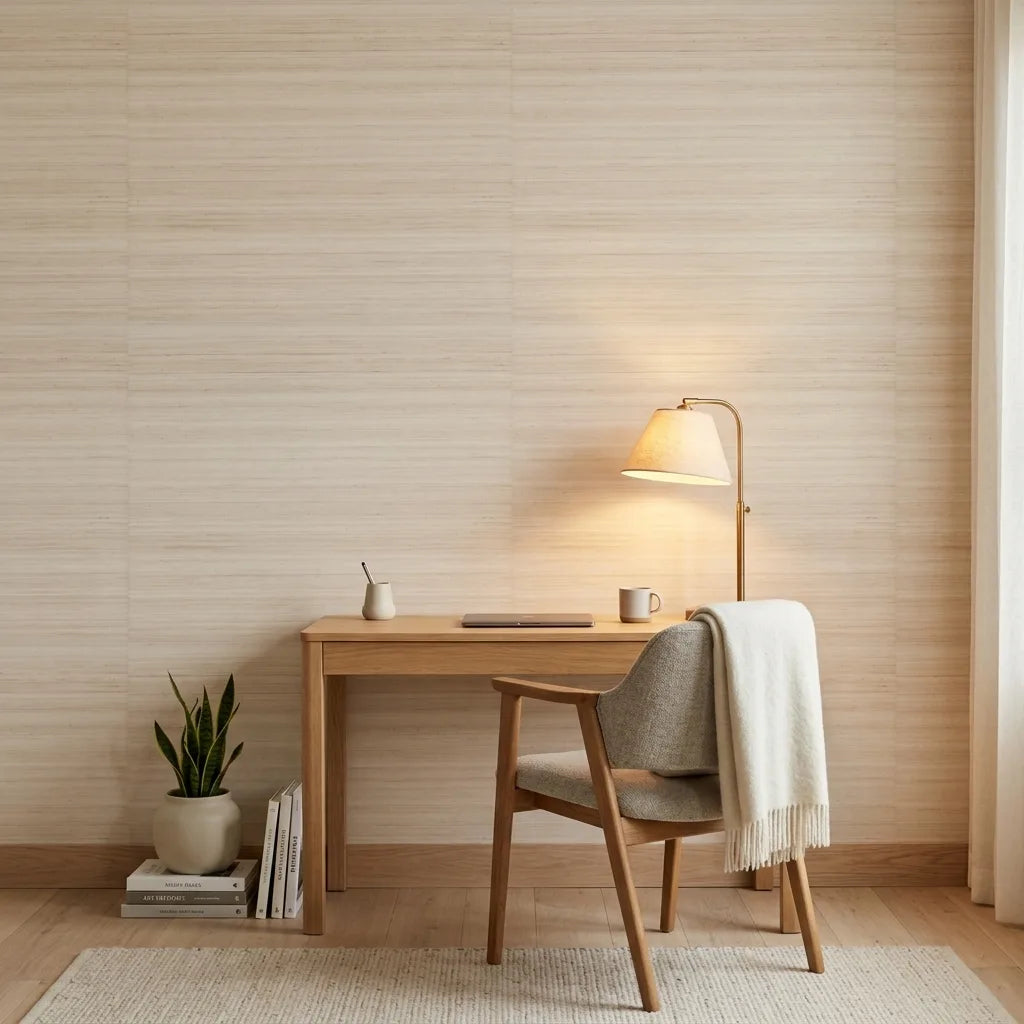 Home Office - Serene workspace featuring Smooth Abaca wallpaper in Natural Beige by York Wallcoverings, ideal for a productive environment.