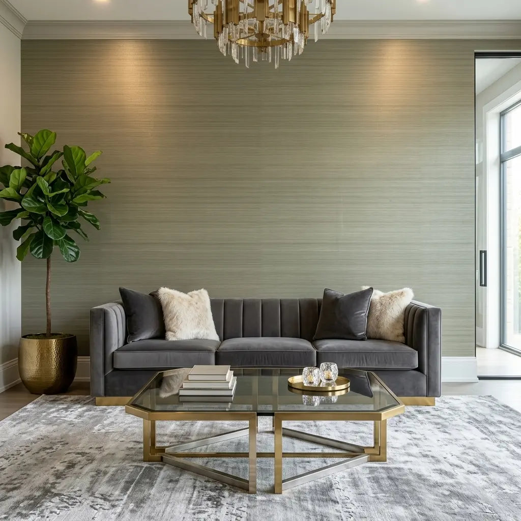 Living Room - features York Wallcoverings' Smooth Abaca wallpaper in Olive Green, creating a serene and natural ambiance.
