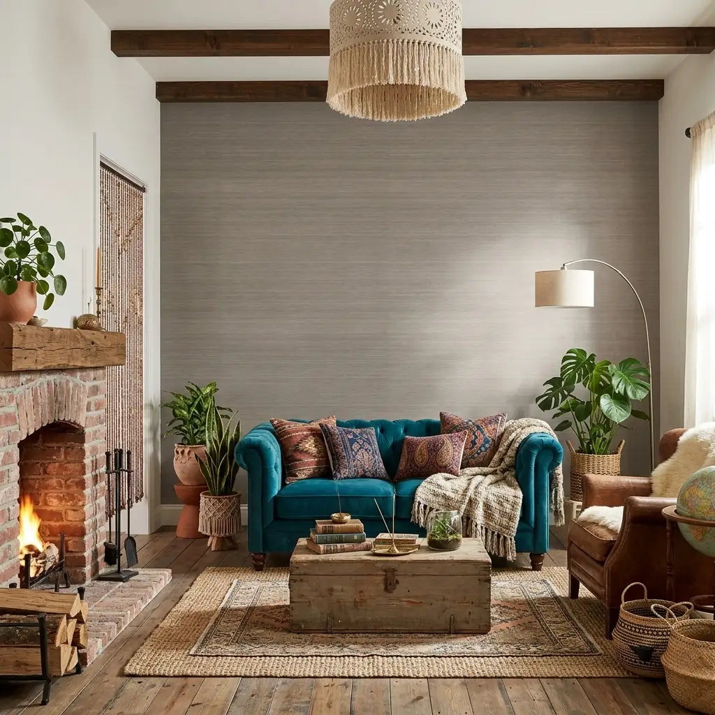 Living Room - Modern space with elegant Light Taupe Smooth Abaca wallpaper by York Wallcoverings, offering texture.