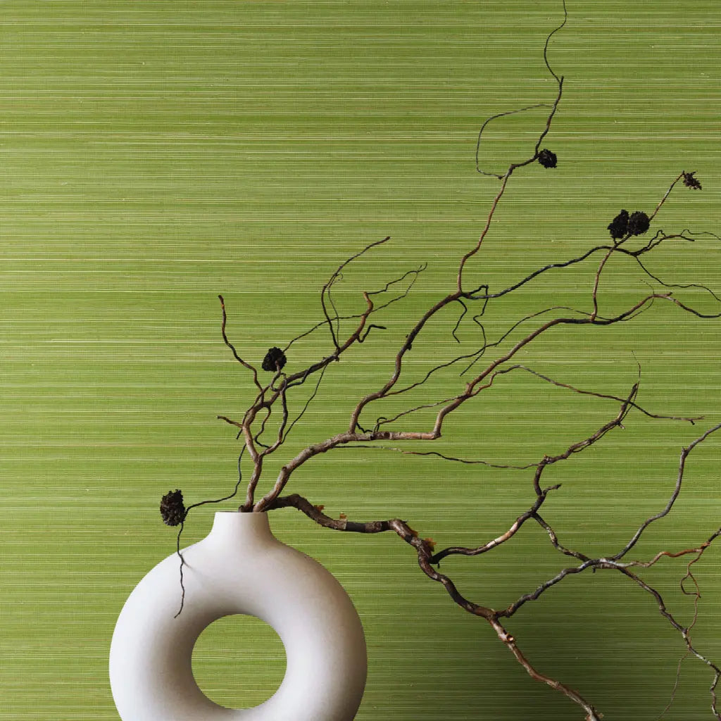 Smooth Abaca wallpaper in Olive Green by York Wallcoverings adds natural texture and serene color to this interior.