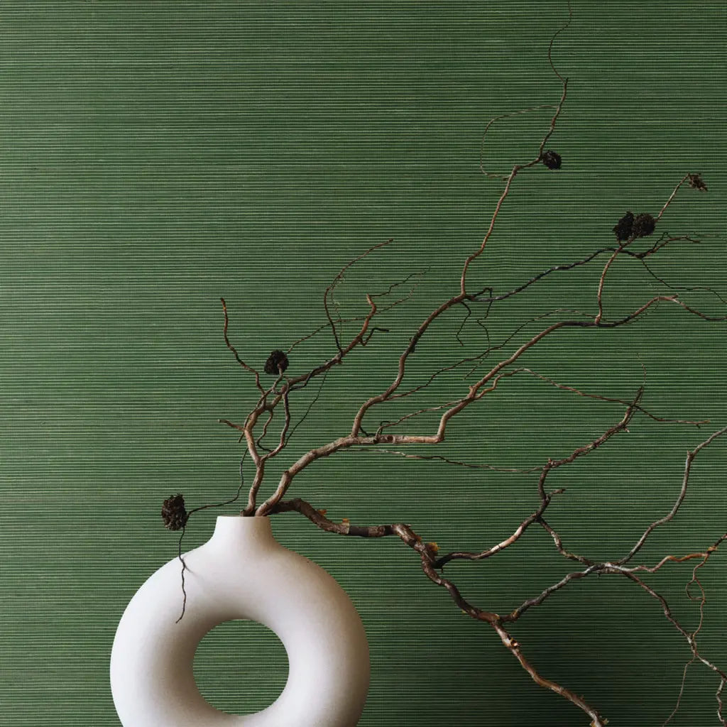 Smooth Abaca Dark Green wallpaper by York Wallcoverings adds organic texture to this modern interior.