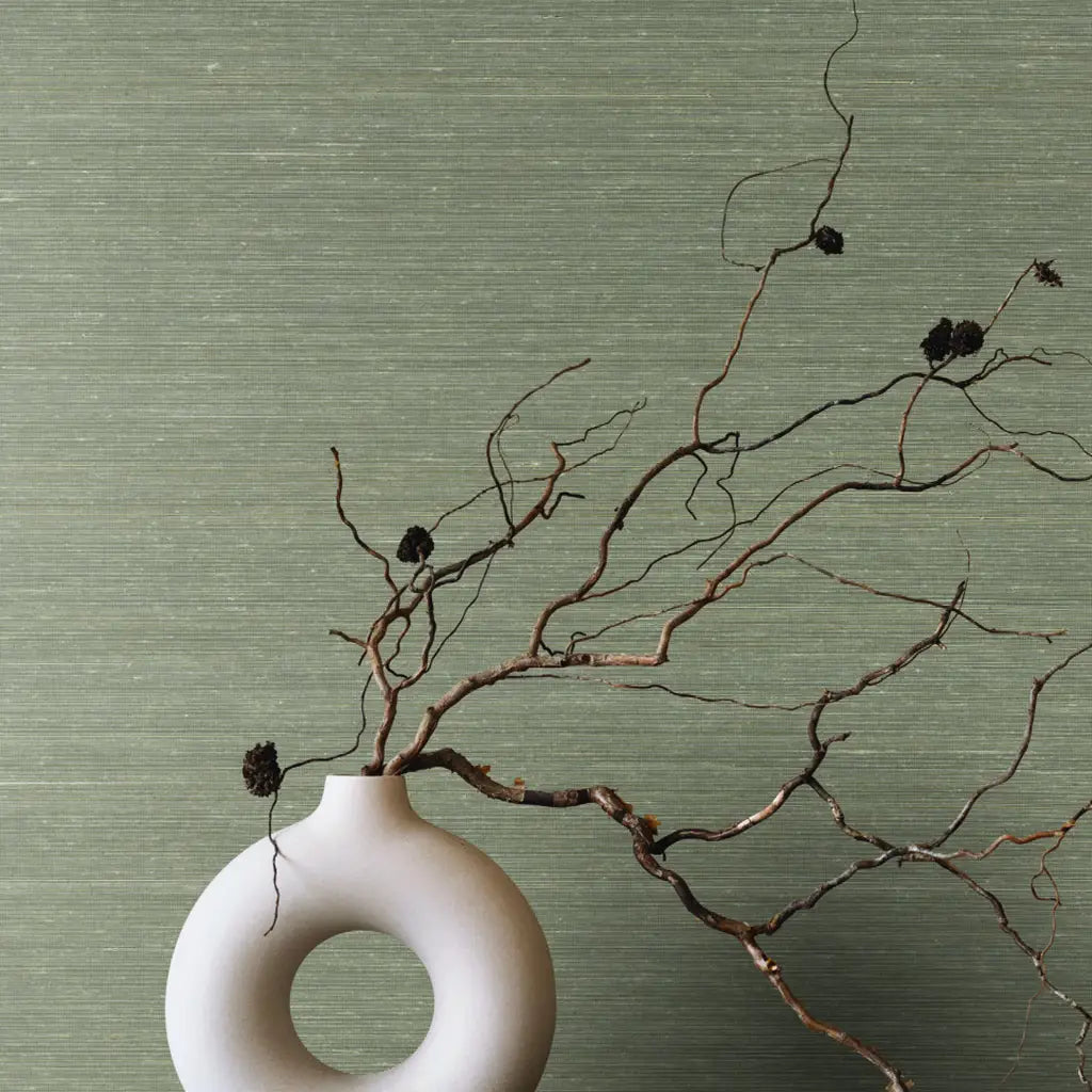 Modern interior design featuring Greige Smooth Abaca wallpaper from York Wallcoverings, adding texture and warmth.
