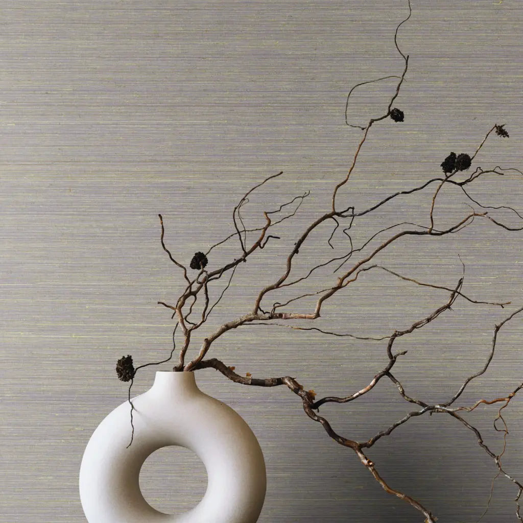 Interior features York Wallcoverings' Smooth Abaca wallpaper in Mauve Taupe, creating a textured and warm ambiance.