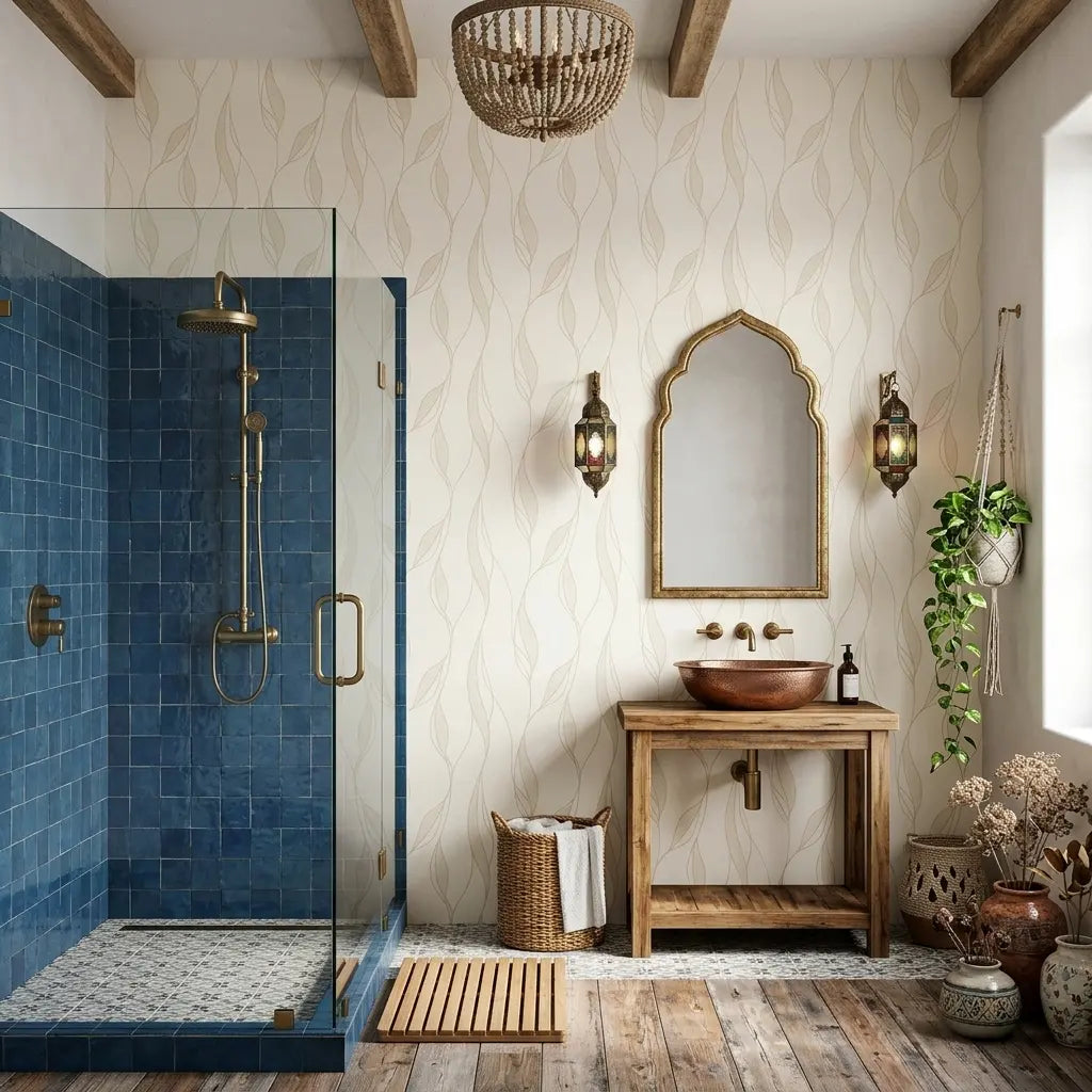 Bathroom - Elegant bathroom features Society Hill wallpaper by York Wallcoverings in a sophisticated Ivory and Beige pattern.