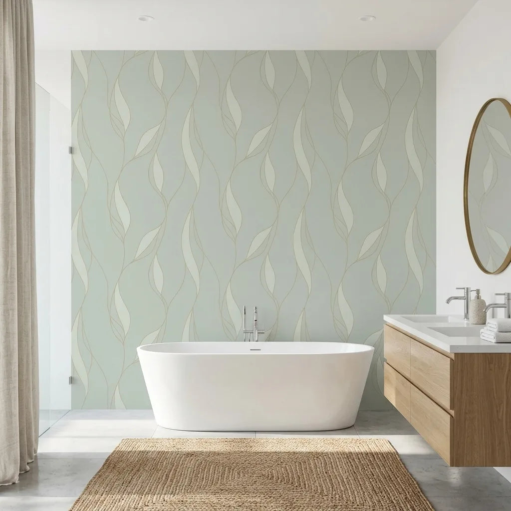 Bathroom - Pale Celadon 'Society Hill' wallpaper by York Wallcoverings creates a serene and elegant space.