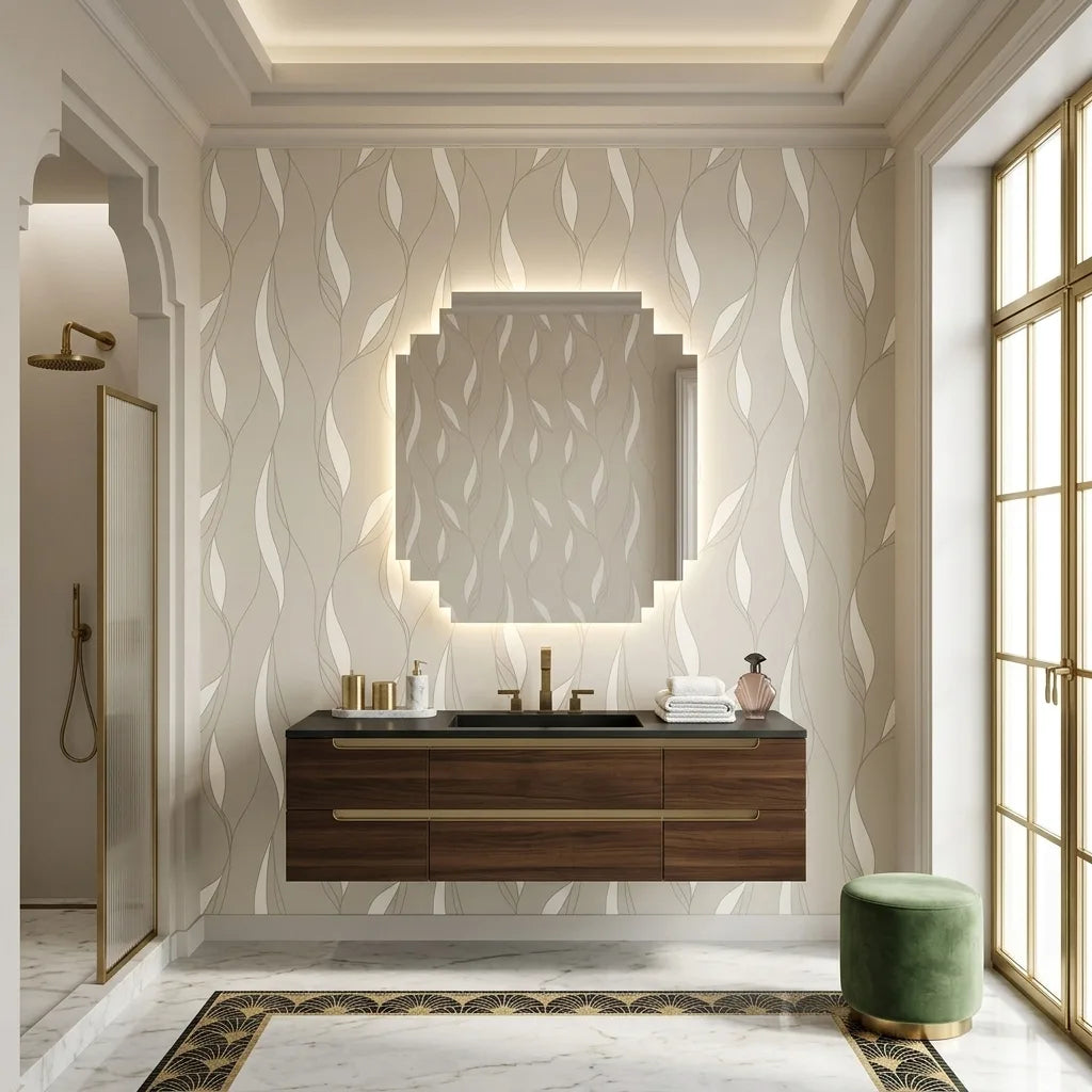 Bathroom - Elegant space featuring 'Society Hill' wallpaper in Warm Ivory by York Wallcoverings, adding a sophisticated touch.