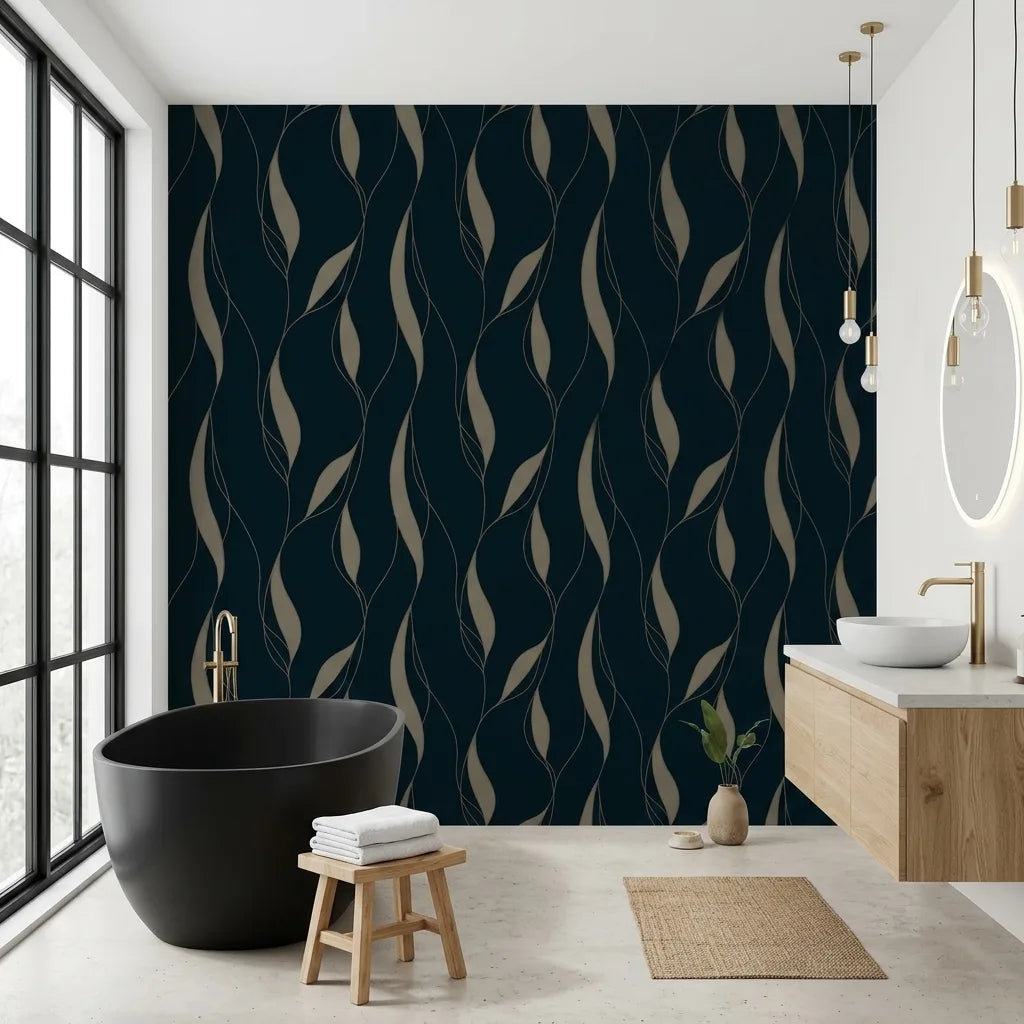 Bathroom - Stylish bathroom featuring Society Hill wallpaper in Navy Taupe by York Wallcoverings, a sophisticated design.