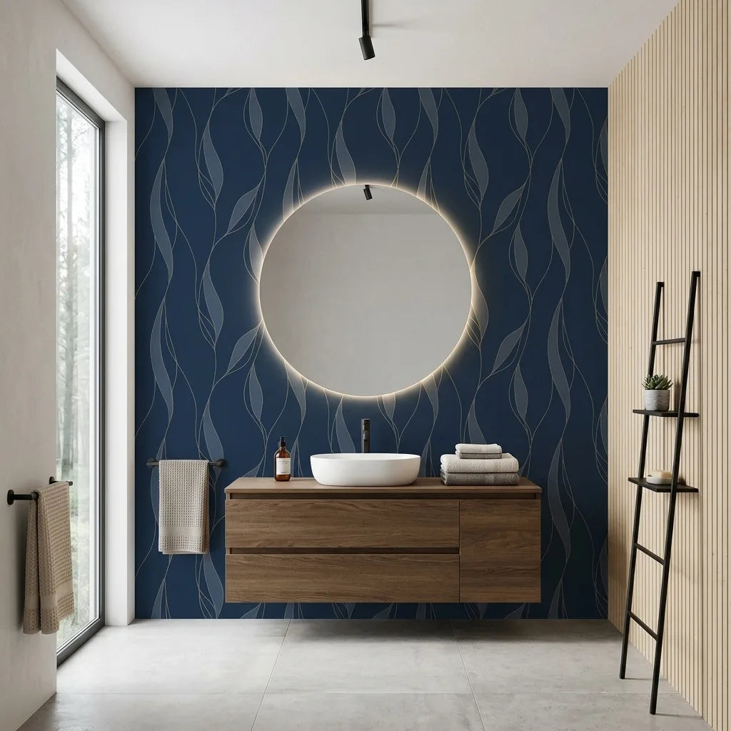 Bathroom - Featuring Navy Blue 'Society Hill' wallpaper by York Wallcoverings, this bathroom boasts a classic yet fresh design.