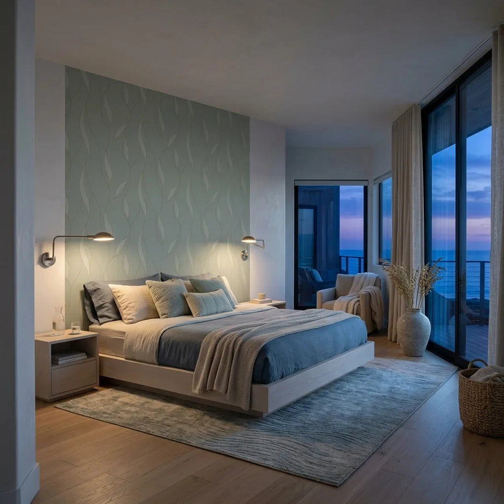 Bedroom - Elegant bedroom featuring Society Hill wallpaper in Pale Celadon by York Wallcoverings, creating a serene space.