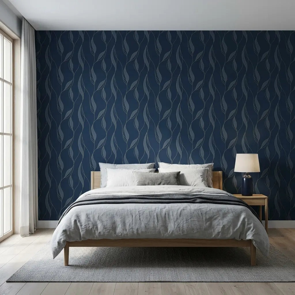 Bedroom - Elegant room featuring stunning Navy Blue Society Hill wallpaper by York Wallcoverings, creating a sophisticated retreat.