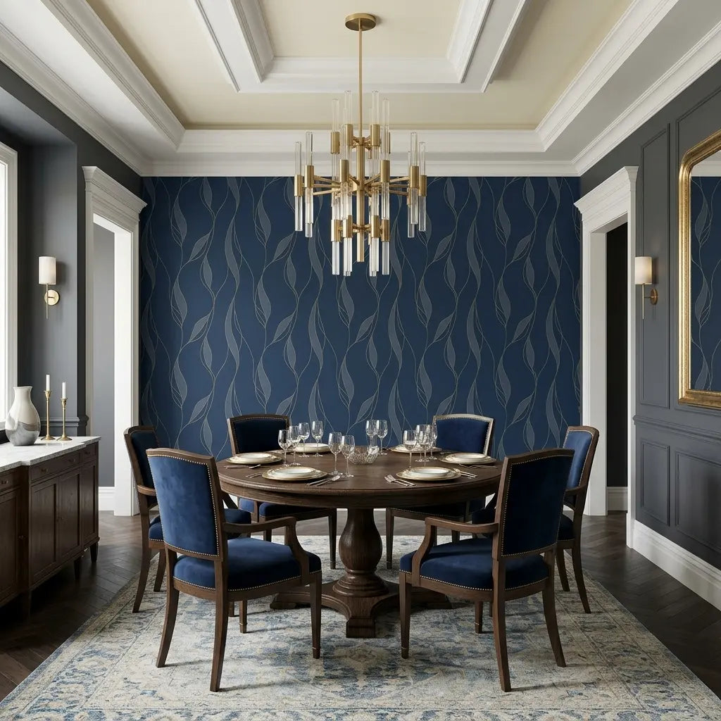 Dining Room - Elegant space showcasing Society Hill wallpaper in Navy Blue by York Wallcoverings, creating a sophisticated and stylish ambiance.