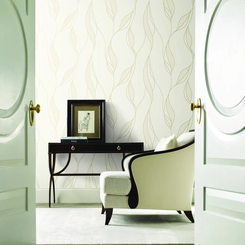 Entryway featuring elegant "Society Hill" wallpaper in Ivory and Beige by York Wallcoverings.
