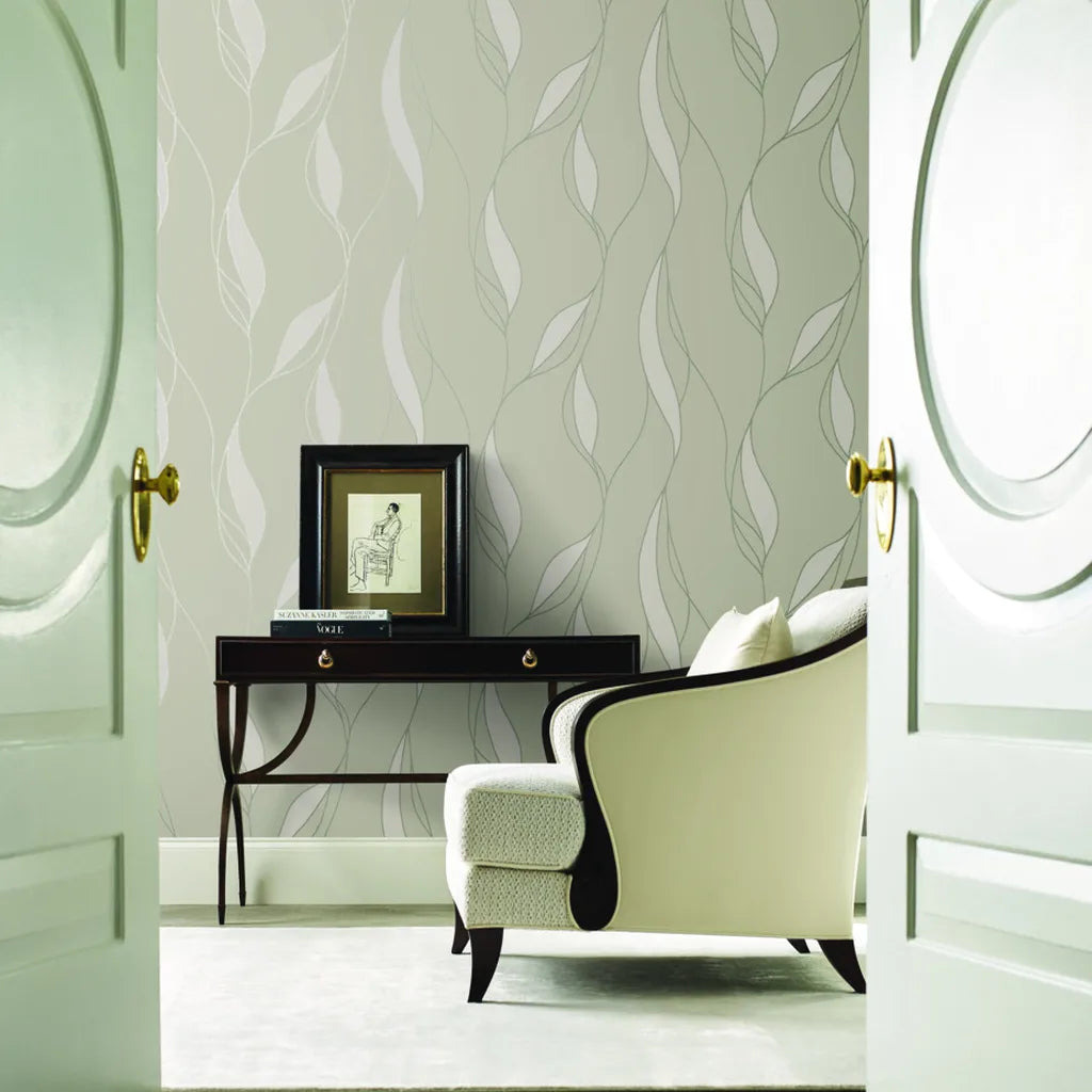 Inviting entryway showcases 'Society Hill' wallpaper in Warm Ivory by York Wallcoverings, adding timeless charm.