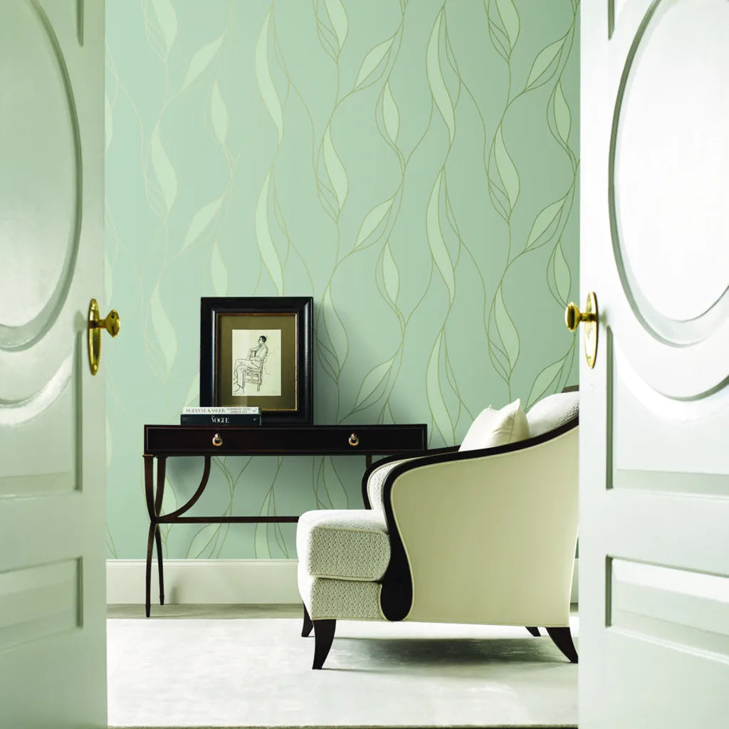 Elegant entryway showcasing Society Hill wallpaper in Pale Celadon by York Wallcoverings, offering a serene welcome.