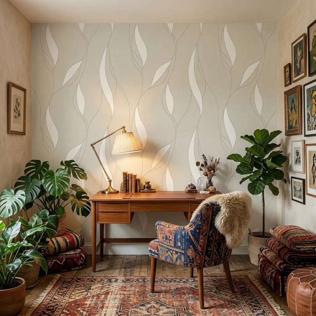Home Office - Serene workspace featuring Society Hill wallpaper in Warm Ivory by York Wallcoverings for a sophisticated look.