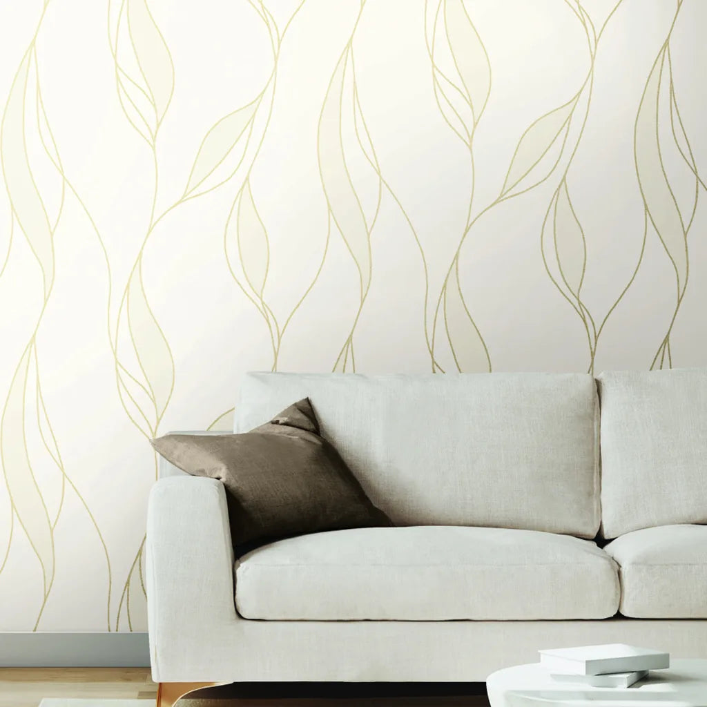 Living room adorned with elegant York Wallcoverings' Society Hill wallpaper in sophisticated Ivory and Beige.