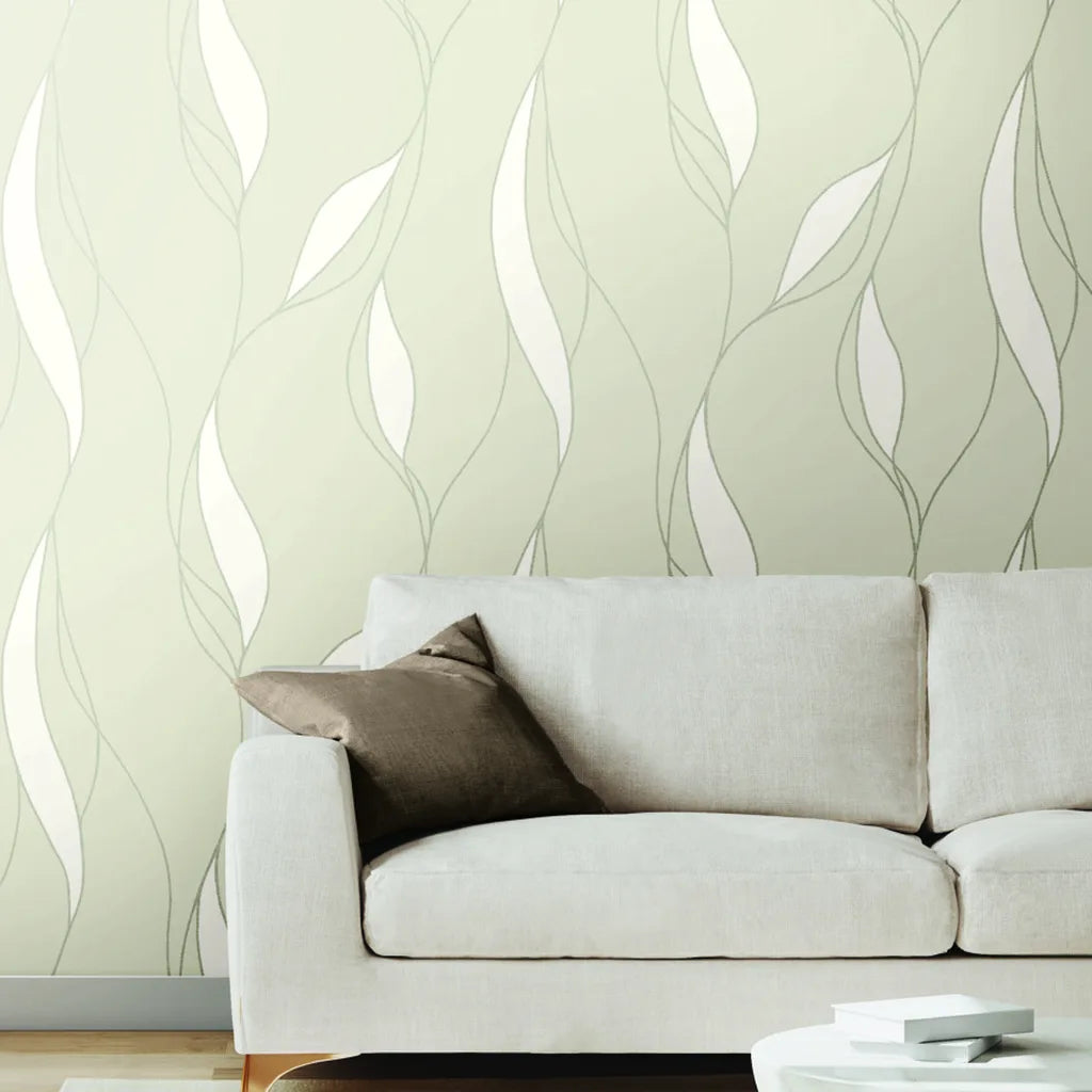 Elegant living room showcasing Society Hill wallpaper in Warm Ivory by York Wallcoverings, creating a sophisticated and inviting space.