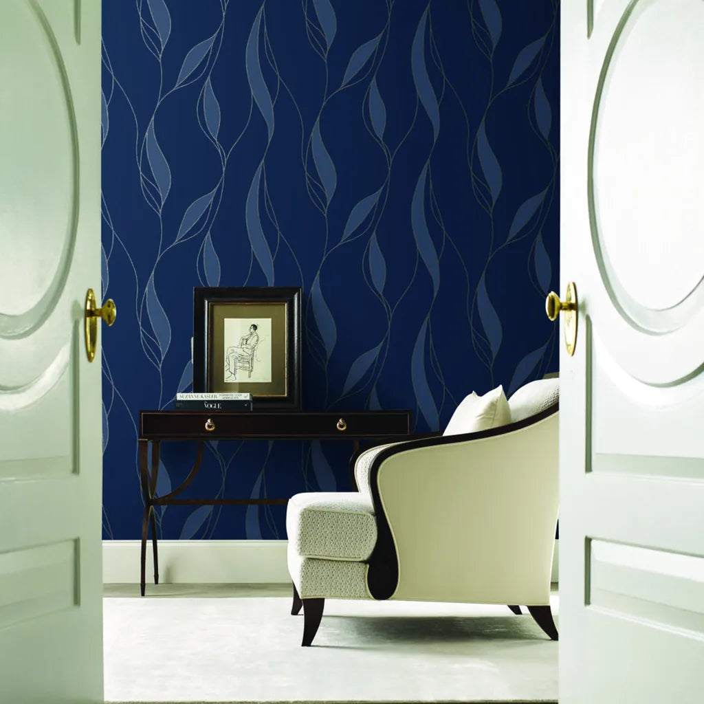 Living room showcasing stunning Navy Blue Society Hill wallpaper by York Wallcoverings, adding elegant depth to the space.