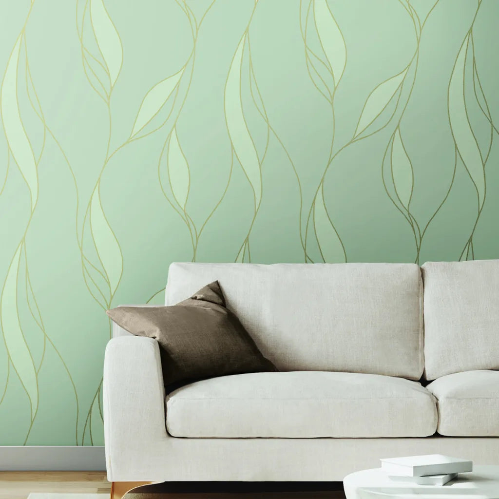 Living room with elegant Society Hill wallpaper in Pale Celadon by York Wallcoverings, creating a serene and stylish space.
