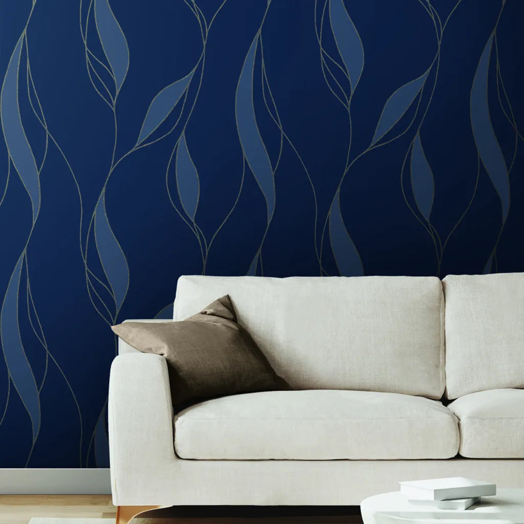 Living room features stunning Navy Blue "Society Hill" wallpaper by York Wallcoverings, creating an elegant and inviting space.