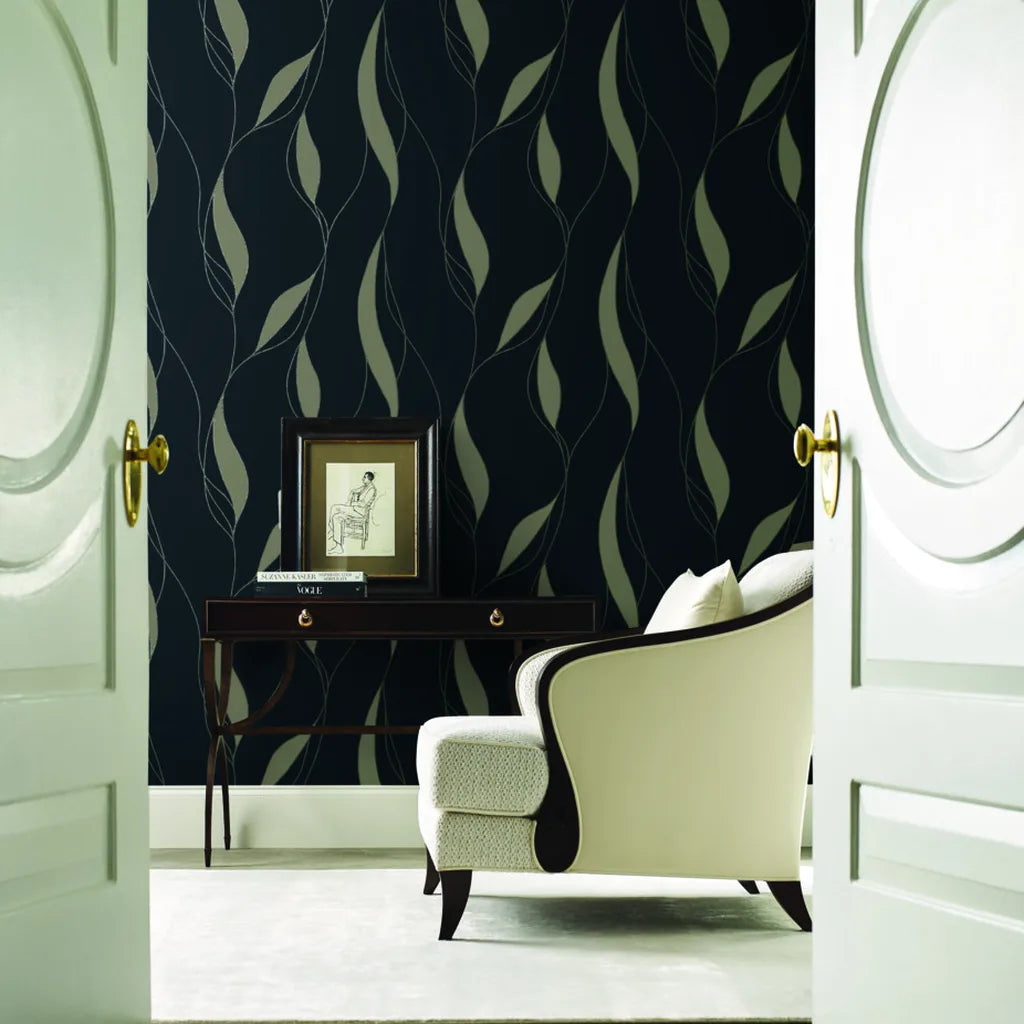 Stylish living room features Navy Taupe Society Hill wallpaper by York Wallcoverings, adding a sophisticated touch.