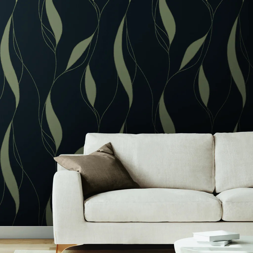 Elegant living room showcases Society Hill wallpaper in Navy Taupe by York Wallcoverings, adding sophisticated style.