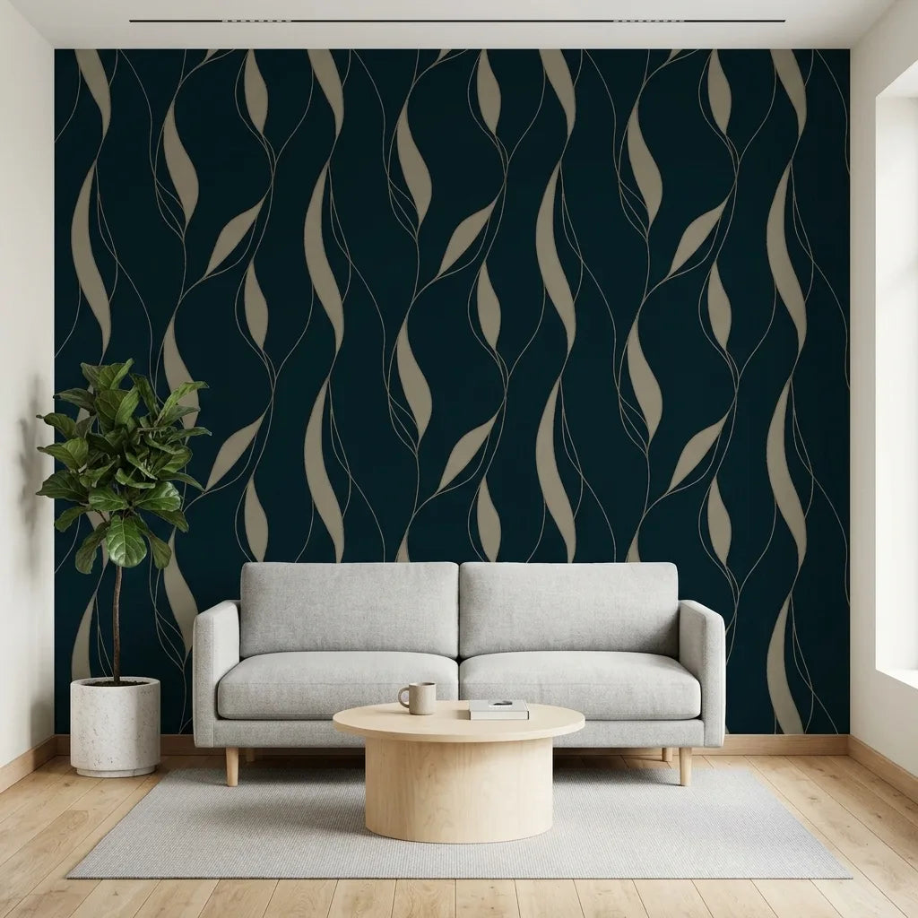 Living Room - showcasing Society Hill wallpaper in Navy Taupe by York Wallcoverings, creating a sophisticated and elegant space.