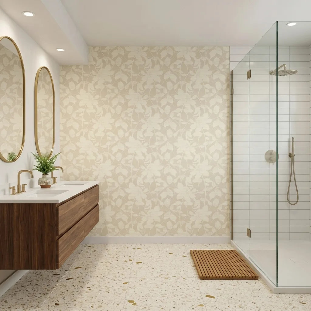 Bathroom - Elegant bathroom showcases Solange wallpaper in Taupe and Cream by York Wallcoverings for a chic look.
