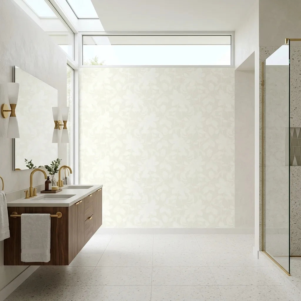 Bathroom - Designer Solange wallpaper in White, Cream by York Wallcoverings creates a luxurious and bright space.