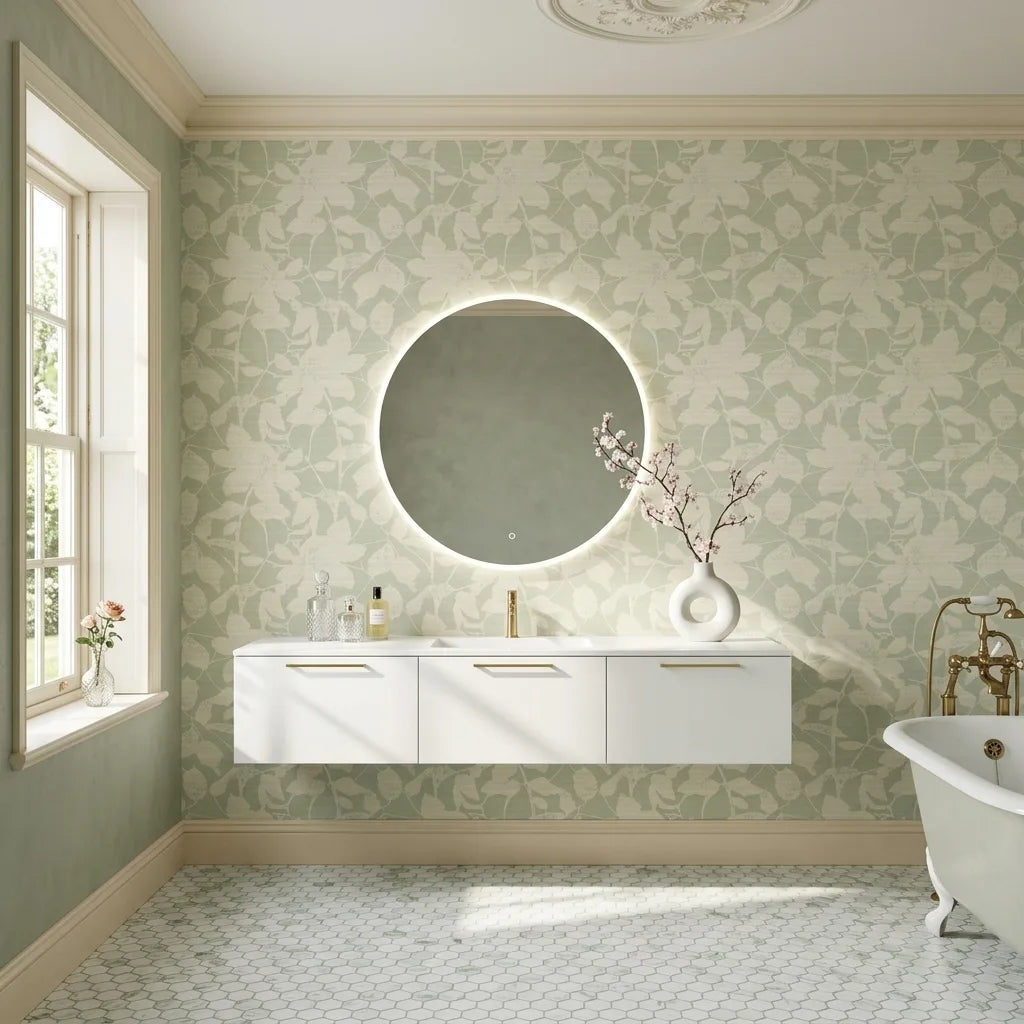 Bathroom - Elegant bathroom featuring 'Solange' wallpaper in Sage, Cream by York Wallcoverings, creating a serene space.