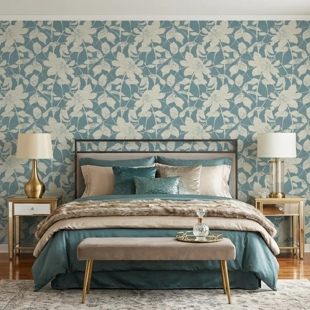 Bedroom - Solange wallpaper in Blue and Cream by York Wallcoverings creates a serene and stylish space.