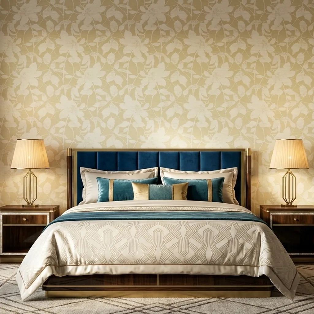 Bedroom - Solange yellow & cream wallpaper by York Wallcoverings brightens this elegant bedroom.