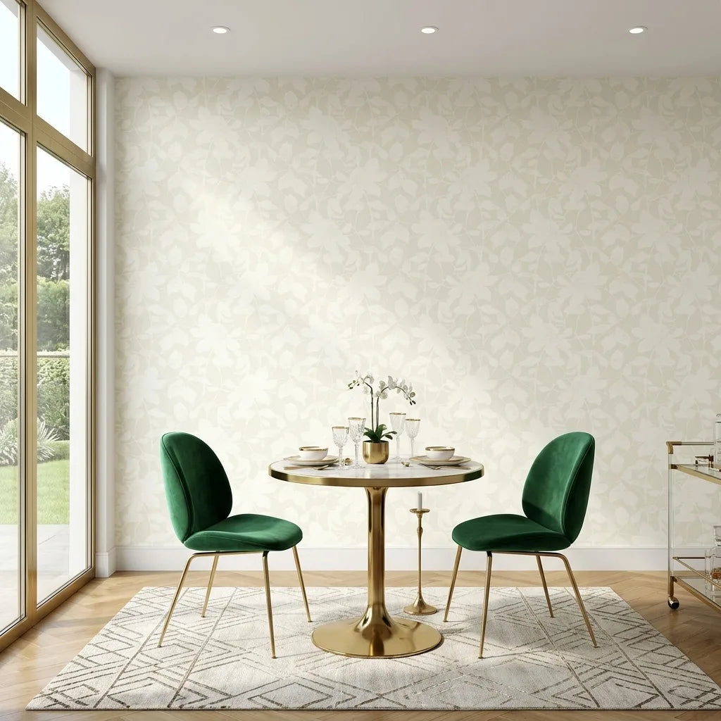 Dining Room - Elegant dining space showcasing 'Solange' wallpaper in White, Cream by York Wallcoverings for a sophisticated look.