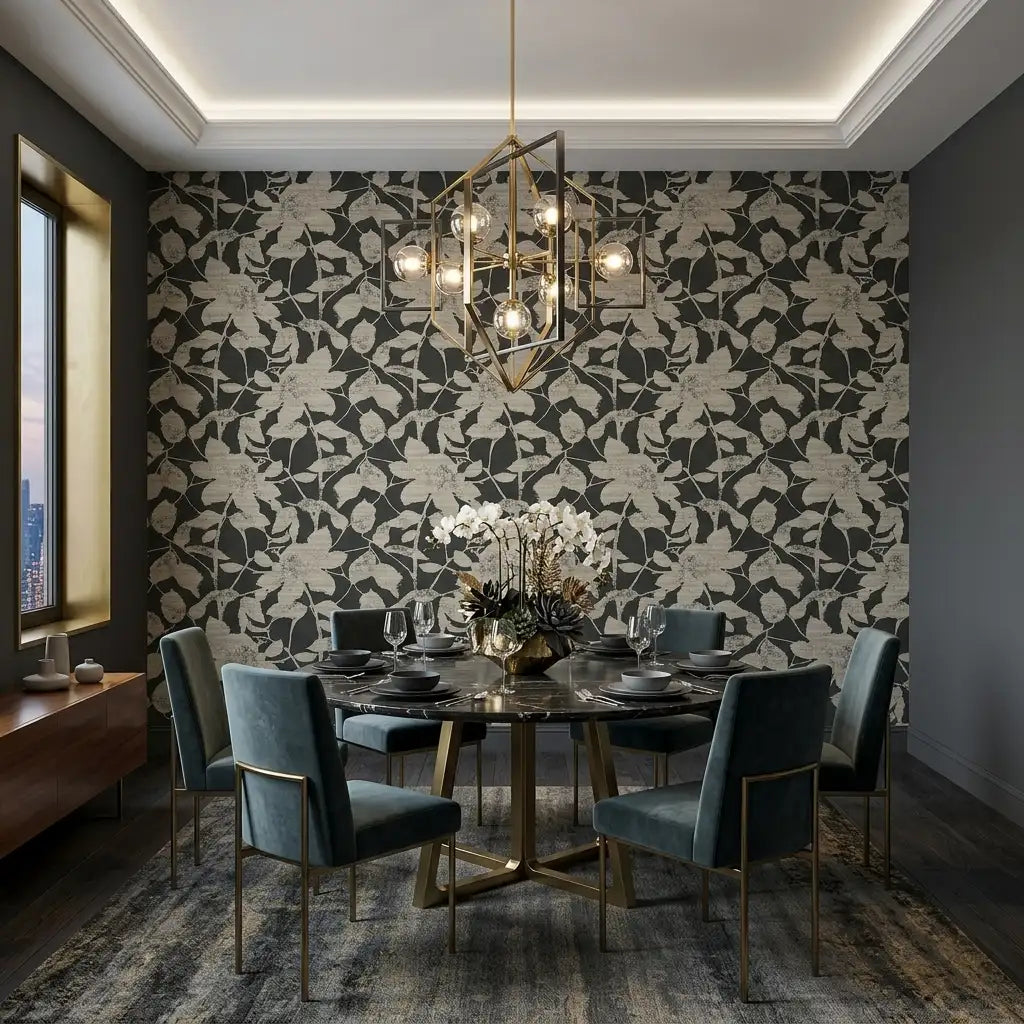 Dining Room - Elegant dining room showcasing 'Solange' wallpaper in black and cream by York Wallcoverings.