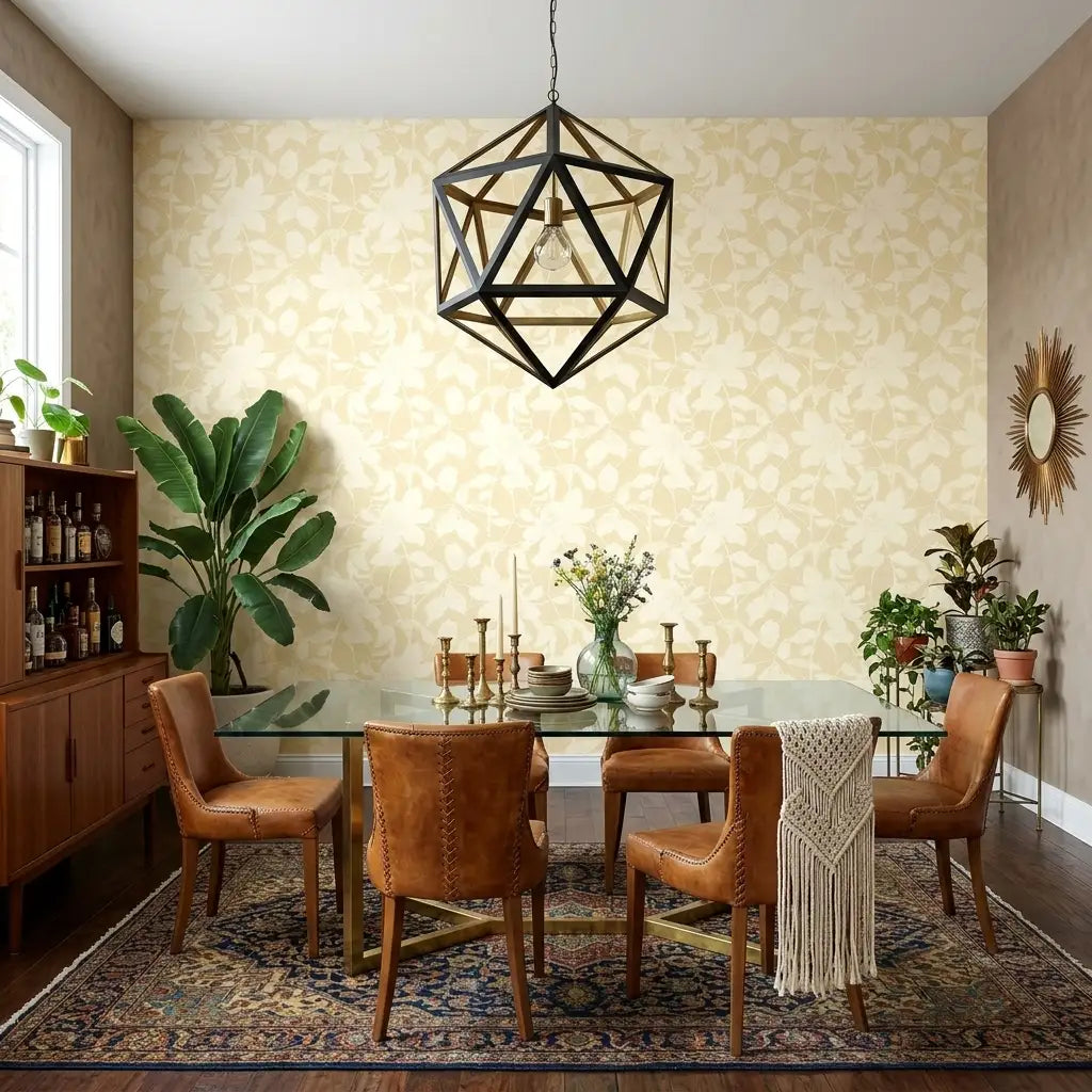 Dining Room - Stylish dining room showcasing Solange wallpaper in cheerful Yellow and Cream by York Wallcoverings.