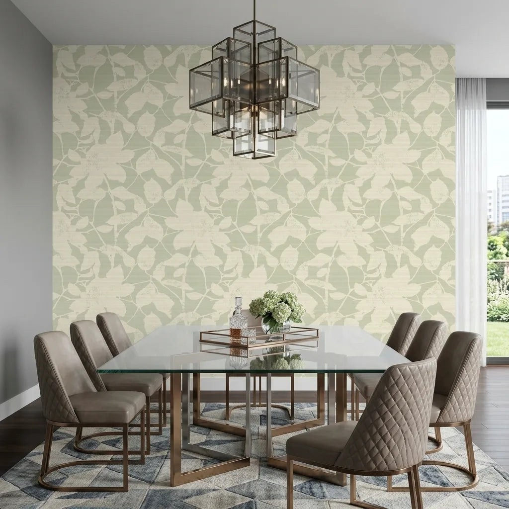 Dining Room - Elegant dining room showcasing 'Solange' wallpaper in a beautiful Sage and Cream pattern by York Wallcoverings.