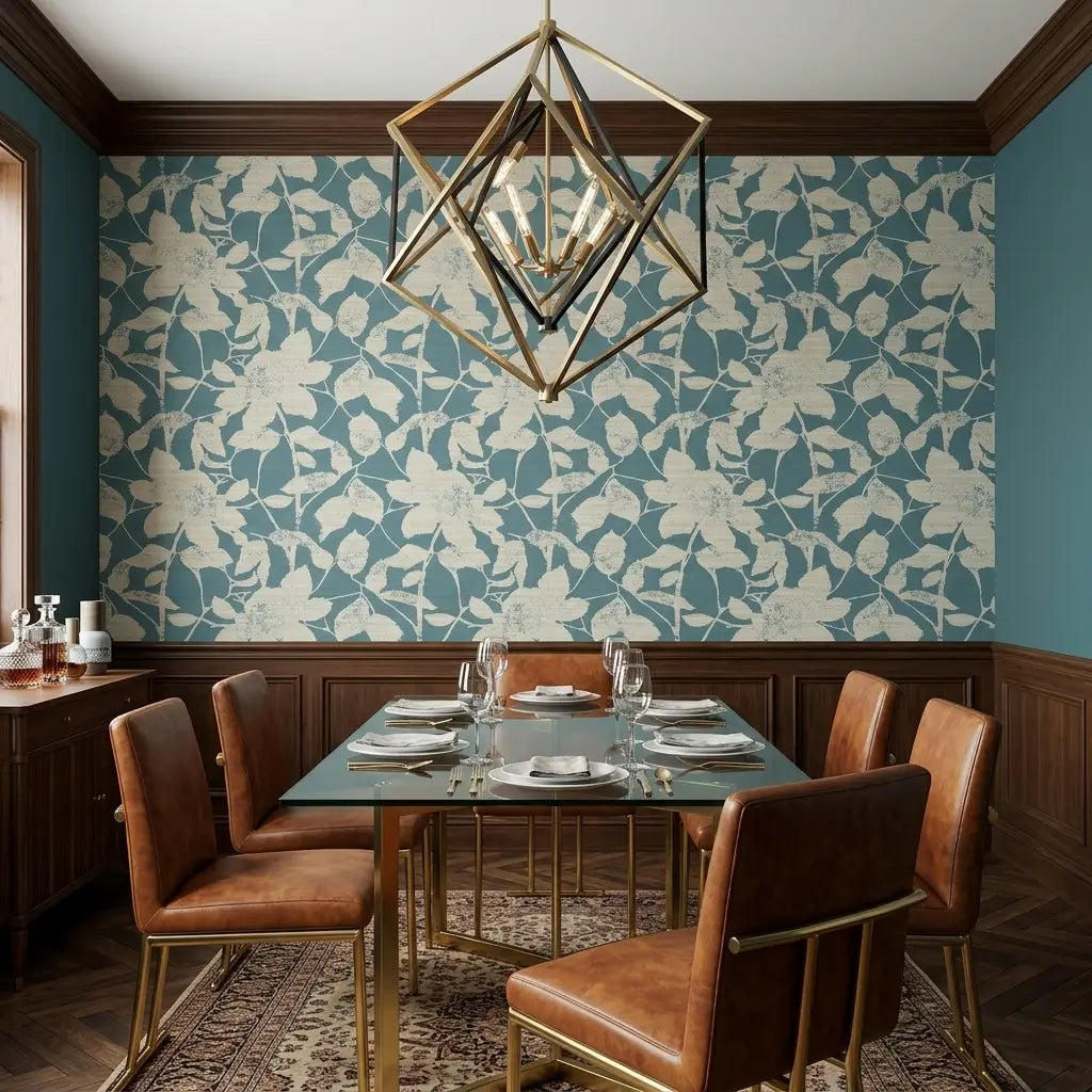 Dining Room - Elegant dining room featuring Solange wallpaper in blue and cream by York Wallcoverings.